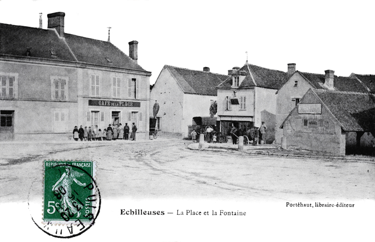 Place de l'église. Les deux cafés et le lavoir